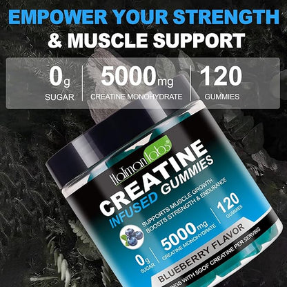 Creatine Monohydrate Gummies for Men & Women - 5g per Serving, Low Sugar Creatine Monohydrate Gummies - Increase Strength, Muscle Gain, Recovery, Endurance - Vegan, Gluten-Free,Blueberry (120 Count)