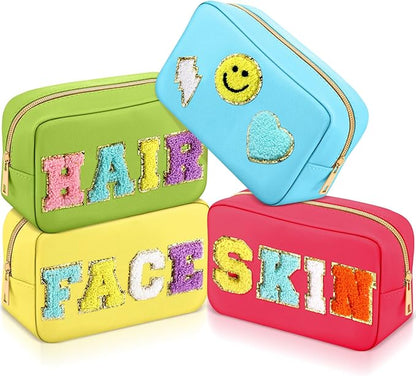 Sanwuta 4 Pcs Hair Face Skin Travel Bag Set Preppy Makeup Pouch PU Leather Skincare Bag Waterproof Cosmetic Organizer Birthday Christmas Gifts(Yellow, Blue, Green, Rosy,Fresh Style)