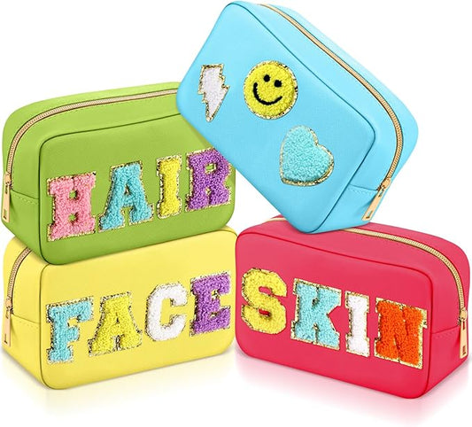 Sanwuta 4 Pcs Hair Face Skin Travel Bag Set Preppy Makeup Pouch PU Leather Skincare Bag Waterproof Cosmetic Organizer Birthday Christmas Gifts(Yellow, Blue, Green, Rosy,Fresh Style)