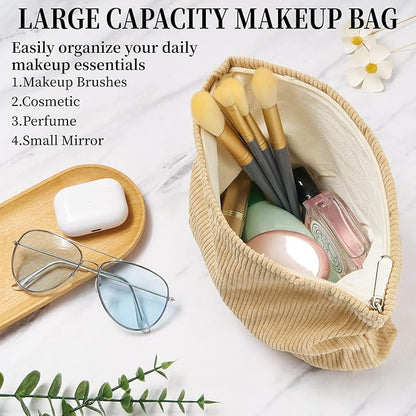 WOZEAH Corduroy Makeup Bag for Purse Small Cosmetic Pouch,Stylish Zipper Make up Pouch Travel Canvas Toiletry Bags(Corduroy Apricot)
