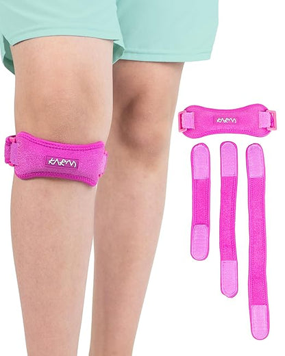 KARM Kids Knee Brace Strap - Osgood Schlatter Knee Brace Youth for Kids, Child - Patellar Tendon Support Patella Band for Pain, Sports, Basketball with 3 Length Adjustable Straps (Single, Pink)