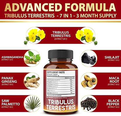 Tribulus Terrestris Capsules, High Potency with Ashwagndha, Panax Ginseng, Saw Palmetto, Maca, Shilajit. Boost Energy, Mood, Stamina, for Men & Women, 3 Months Supply.