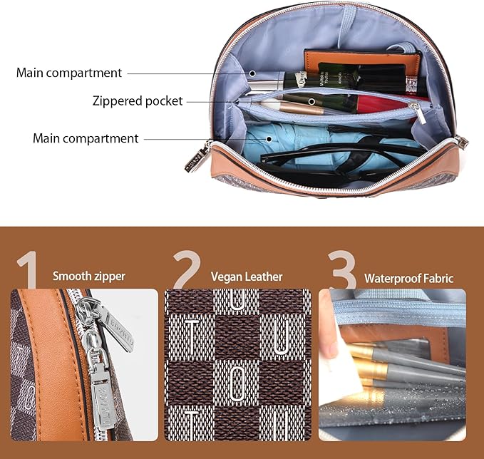 Small Makeup Bag for Purse Cosmetic Bag: Checkered Make up Bag for Women - Cute Preppy Skincare Bags for Evening - Waterproof Travel Pouch for Toiletry Organizer with Mirror & Zipper(020-Brown)