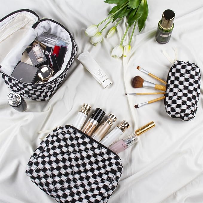 Quilted Makeup Bag Set, 3Pcs Large Checkered Corduroy Cosmetic Bags, Cute Coquette Makeup Bag Toiletry Zipper Pouch Bag for Women and Girls Checkered