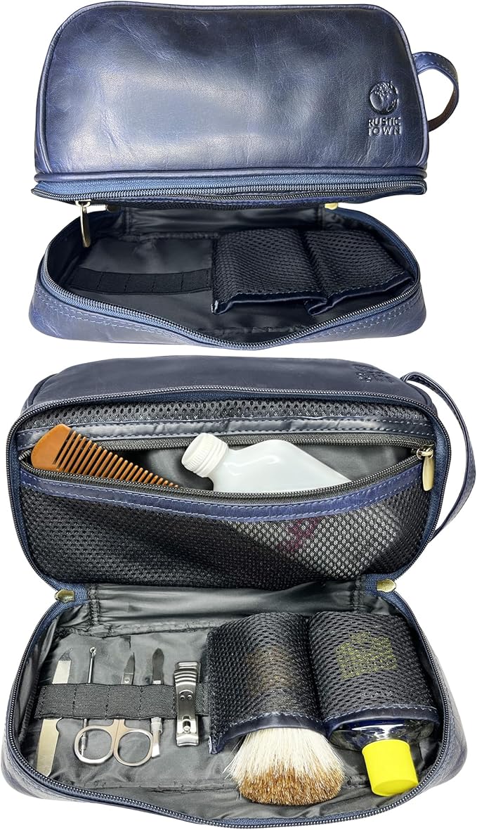 RUSTIC TOWN Leather Toiletry Bag for Men Travel Shaving Dopp Kit Toiletries Organizer Cosmetic Makeup Bag for Women