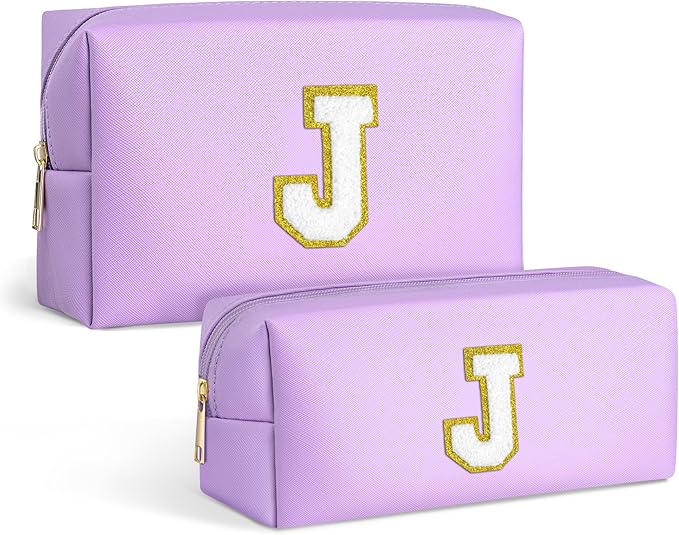TOPEAST Cosmetic Bag for Women, 2 Pack Personalized Initial Letter Makeup Bag Set, Monogram Makeup Bag Cosmetic Bag, PU Leather Waterproof Travel Toiletry Bag Preppy Makeup Bag For Women, Purple J