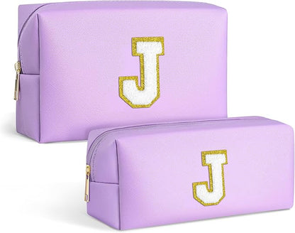 TOPEAST Cosmetic Bag for Women, 2 Pack Personalized Initial Letter Makeup Bag Set, Monogram Makeup Bag Cosmetic Bag, PU Leather Waterproof Travel Toiletry Bag Preppy Makeup Bag For Women, Purple J
