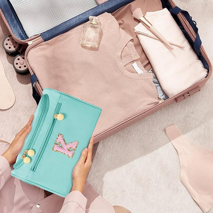 COSHAYSOO Unique Travel Gifts for Women Must Have Vacation Essentials Toiletries Accessories Bag Traveller Flight Traveling Necessities, Large Hanging Toiletry Case with Compartment Teal Blue Letter G