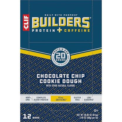 CLIF Builders + Caffeine - Chocolate Chip Cookie Dough Flavor - Plant Based Protein Bars - Gluten Free - Non-GMO - Low Glycemic - 20g Protein - 2.4 oz. (12 Count)