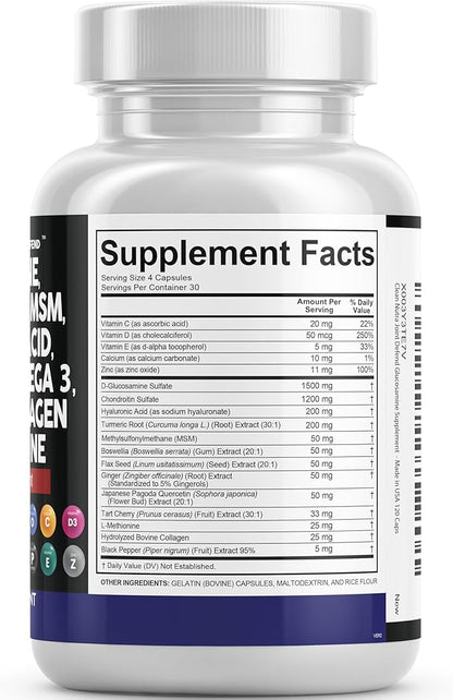 Clean Nutraceuticals Glucosamine Chondroitin MSM Turmeric Hyaluronic Acid Boswellia Collagen Tart Cherry - Joint Support Supplement Omega 3 Pills Ginger Quercetin Capsules - 120 Count USA