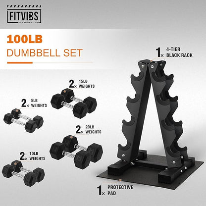 Rubber Coated Hex Dumbbell Weight Set and Storage Rack, 100LB Set or 150LB Set, 5-20 lbs Pairs or 5-25 lbs Pairs
