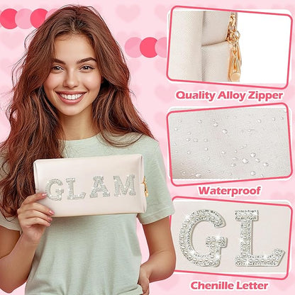 CY2SIDE Glam Letter Makeup Bag - White GLAM Pearl Rhinestone Letter Patch Cosmetic Pouch Shell Gold PU Leather Patch Big Bag Waterproof Portable Zipper Travel Organizer for Wedding Bride Birthday Gift