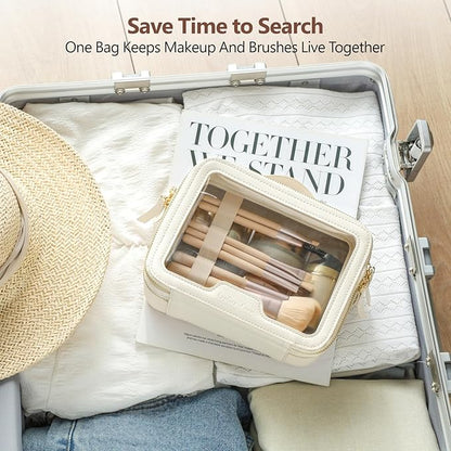 PACKISM Double Layer Clear Makeup Bag - Pebbled Texture & Hard PU Leather Car Bag Organizer for Car Essentials, with Message Card Travel Cosmetic Bag for Women Gift (Cream 2 Layer)