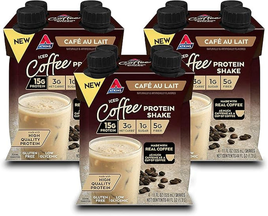 Atkins Café au Lait Iced Coffee Protein Shake, 15g Protein, Low Glycemic, 3g Net Carb, 1g Sugar, Keto Friendly, 12 Count