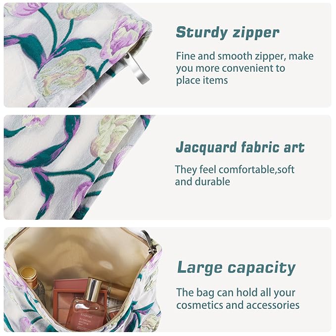ZLFSRQ Tulip Makeup Bag Travel Cute Purple Flower Floral Cosmetic Bags for Women Large Embroidery Toiletry Pouch Zipper Cosmetic Pouch for Purse Aesthetic Makeup Organizer Bag Portable Toiletry Bags