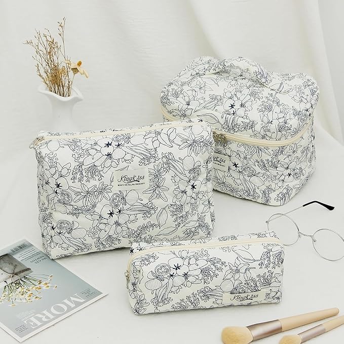 Quilted Makeup Bag Set 3 Pcs Cotton Cute Makeup Bags For Women Large Aesthetic Floral Cosmetic Bag Coquette Flower Makeup Pouch
