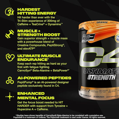 Cellucor C4 Ultimate Strength Pre Workout Powder - Tri-Stim Experience 300mg Caffeine+TeaCrine+Dynamine - Creatine & Beta-Alanine - Energy Supplement for Men & Women - Orange Popsicle, 20 Servings