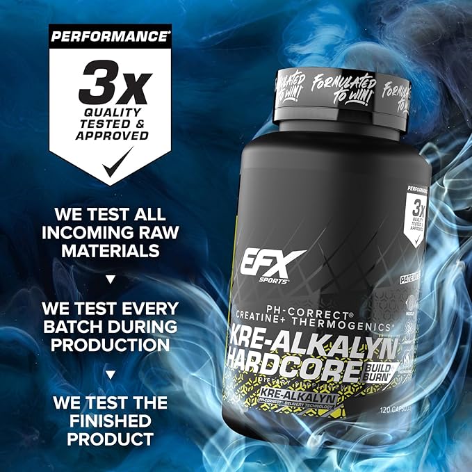 EFX Sports Kre-Alkalyn Hardcore | Thermogenic pH Correct Creatine Monohydrate Pill Supplement | Energy & Strength Pre Workout | 40 Servings, 120 Capsules