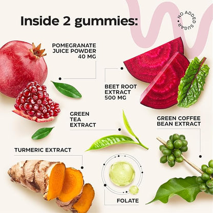 Beets for High Blood Pressure 5000 Mg - Beet Root Gummies with Pomegranate Juice Powder - Beet Chews for Cardio Health and Energy - Nitric Oxide Supplement Gummies for Men and Women - No GMO - 120 pcs