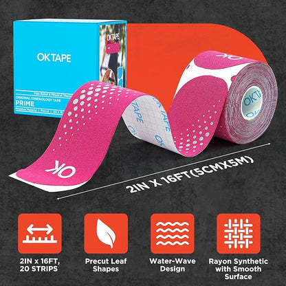 OK TAPE Synthetic Kinesiology Tape Precut Strips, Waterproof Kinesiology Athletic Tape for Joint & Muscle Support, Reflective and Durable K Tape, 2in×16.4ft Roll 20PCS | Pink