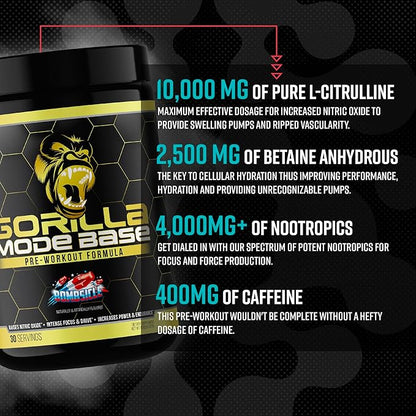 Gorilla Mode Base Pre Workout - Raises Nitric Oxide · Intense Focus & Drive · Endurance · Power - L-Citrulline, L-Tyrosine, Betaine, Alpha-GPC, Caffeine, Huperzine A - 360 Grams (White Gummy Bear)