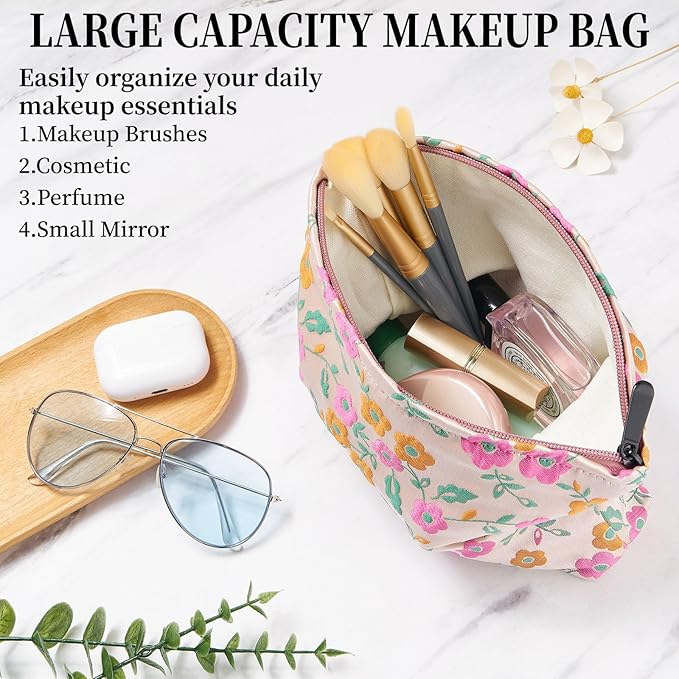 WOZEAH Floral Makeup Bag for Purse Small Cosmetic Pouch,Stylish Zipper Make up Pouch Travel Canvas Toiletry Bags(Orange Pink Flower)