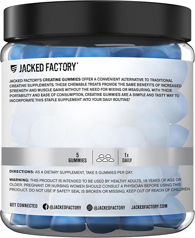 Jacked Factory Creatine Monohydrate Gummies (3g per 5 Gummies) - Creatine Gummies for Muscle Growth, Strength, Enhanced Energy & Improved Athletic Performance - 150 Gummies, Blue Raspberry