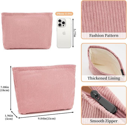 WOZEAH Corduroy Makeup Bag for Purse Small Cosmetic Pouch,Stylish Zipper Make up Pouch Travel Canvas Toiletry Bags(Corduroy Pink)