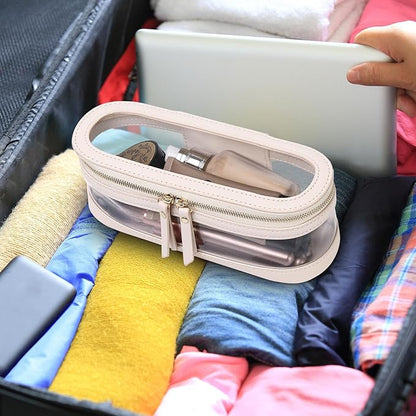 Makeup Brush Case Clear Travel Cosmetic & Toiletry Bag Slim Makeup Bag with Zipper Small Purse Organizer Car Essential Bag for Women (Beige, SLIM-2)
