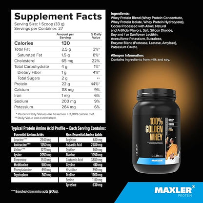 Maxler 100% Golden Whey Protein - 22g of Premium Whey Protein Powder per Serving - Pre Post Intra Workout - Fast-Absorbing Whey Hydrolysate, Isolate, Concentrate Blend - Chocolate Peanut Butter 2 lbs
