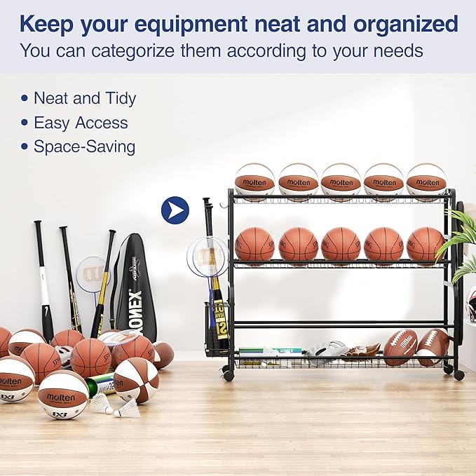 Sports Equipment Garage Organizer - Ball Storage Garage - Ball Storage Rack - Rolling Ball Cart with Wheels Basket and Hooks for Basketballs Footballs Volleyballs in Gym Playgroup and School.