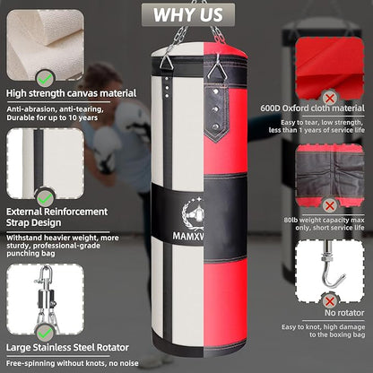 4FT Canvas Punching Bags for Adults, Hanging Heavy Boxing Bag for Kickboxing Karate Taekwondo Muay Thai Training, Max Load-Bearing 180 Lbs (Unfilled)