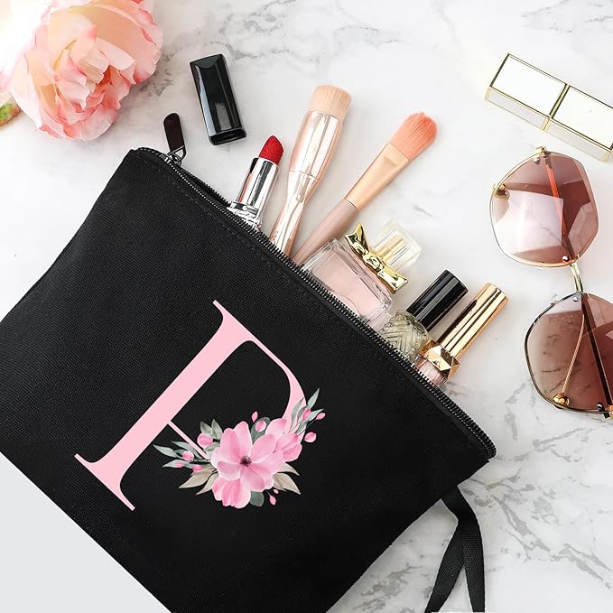 Vavabox A-Z Personalized Makeup Bag, Birthday Gifts for Women Mom, Gifts for Best Friend, Bride Bridesmaid Cosmetic bag (P, Black)