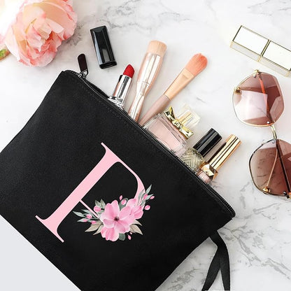 Vavabox A-Z Personalized Makeup Bag, Birthday Gifts for Women Mom, Gifts for Best Friend, Bride Bridesmaid Cosmetic bag (P, Black)