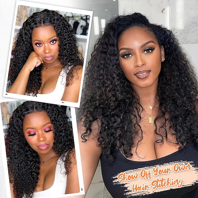 HUA 14 Inch Curly V Part Wig Human Hair Mixed Synthetic Upgrade U Part Human Hair Wig for Black Women Daily Use Glueless V Shape Wigs Afro Curly Wigs 180% Density Natural Black Color