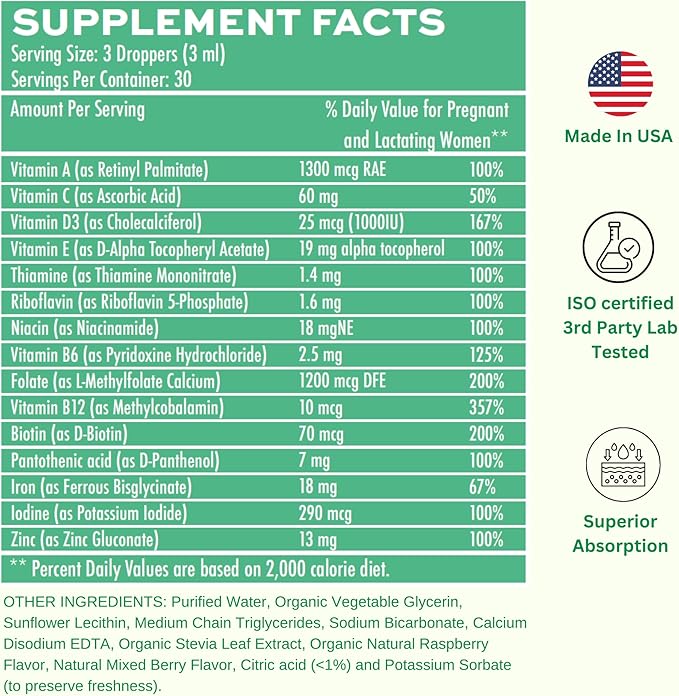 Liposomal Liquid Prenatal + Postnatal Multivitamin Drops with Iron | Non-GMO| Sugar Free| Gluten Free| Easy to Swallow| Supports Both Baby Development and Mom| 30 Day Supply| 3 Fl OZ