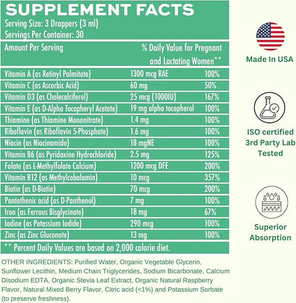 Liposomal Liquid Prenatal + Postnatal Multivitamin Drops with Iron | Non-GMO| Sugar Free| Gluten Free| Easy to Swallow| Supports Both Baby Development and Mom| 30 Day Supply| 3 Fl OZ