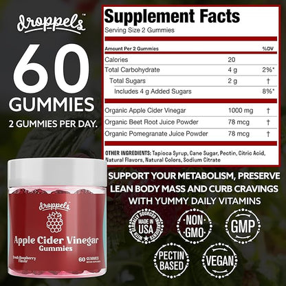 Droppels Apple Cider Vinegar Gummies 1000mg with Beet Root & Pomegranate (60 Count (Pack of 2))
