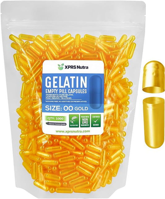 XPRS Nutra Size 00 Empty Capsules - 1000 Count Empty Gelatin Capsules - Empty Pill Capsules - DIY Capsule Filling - Fillable Pill Capsules Empty Gel Caps (Gold)