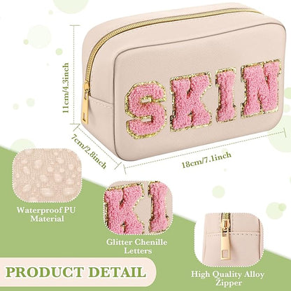 Sanwuta 4 Pcs Hair Face Skin Travel Bag Set Preppy Makeup Pouch PU Leather Skincare Bag Waterproof Cosmetic Organizer Birthday Christmas Gifts(Beige, Khaki, Pink, Nude Pink,Fresh Style)