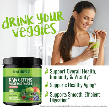 NATURELO Raw Greens Superfood Powder - Unsweetened - Boost Energy, Detox, Enhance Health - Organic Spirulina - Wheat Grass - Whole Food Nutrition from Fruits & Vegetables - 480 Grams