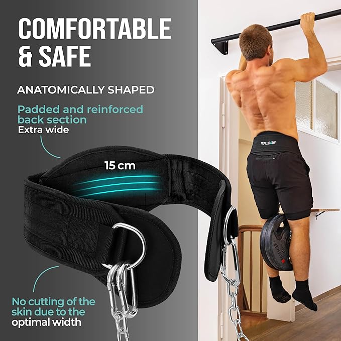 PULLUP & DIP Weightlifting Belt for and additional Strength and Muscle Building, Weight Belt with Steel Chain & 3x Carabiner, Dip Belt for Calisthenics, Weight Training, Training at Home and Bodybuilding