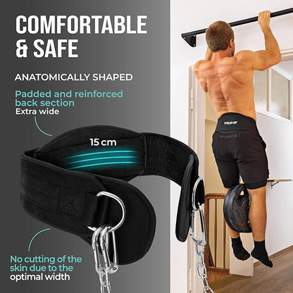 PULLUP & DIP Weightlifting Belt for and additional Strength and Muscle Building, Weight Belt with Steel Chain & 3x Carabiner, Dip Belt for Calisthenics, Weight Training, Training at Home and Bodybuilding