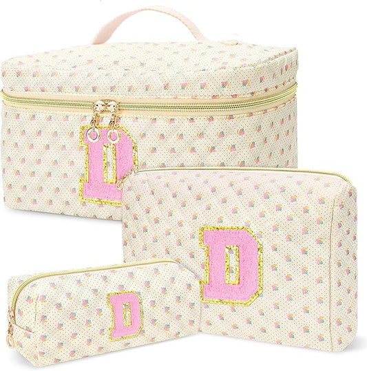 3 PCS Travel Makeup Bag Set, A-Z Initials Cotton Make up Bag Floral Quilted Cosmetic Bag for Girls and Women, Personalized Cute Toiletry Bag Travel Accessories Brushes Bag Yellow - D