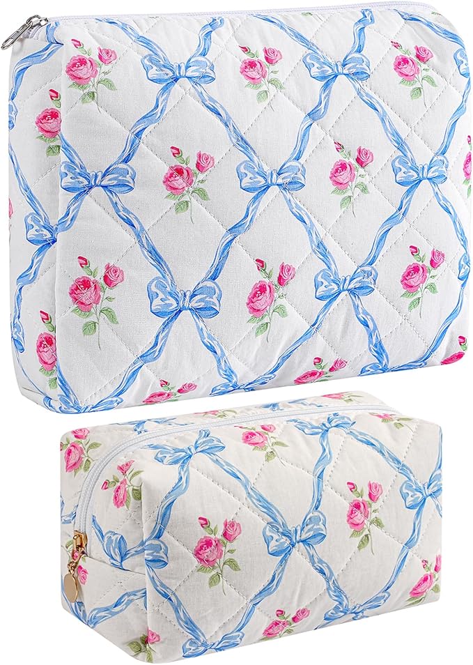Quilted Cotton Makeup Bag Travel Cosmetic Bag for Women Girls, Zipper Make Up Pouch, Bow Pattern Toiletry Organizer Makeup, Portable Storage Bag (2 Pack: Blue Bowknot)