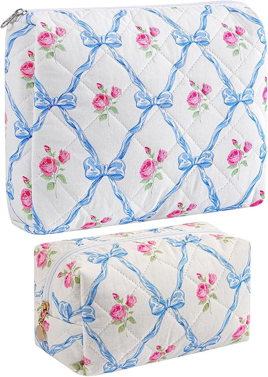 Quilted Cotton Makeup Bag Travel Cosmetic Bag for Women Girls, Zipper Make Up Pouch, Bow Pattern Toiletry Organizer Makeup, Portable Storage Bag (2 Pack: Blue Bowknot)