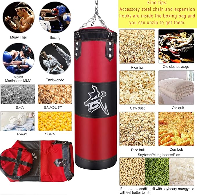 Hanging Punching Bag Set Unfilled, Heavy Boxing Bags Kickboxing Bag for Adults Kids, Youth Boxing Set with Hand Wraps, Punching Bag Hangers, for MMA Muay Thai Karate Taekwondo Training