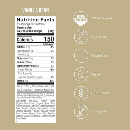 Possible Protein Powder Vanilla Bean - 20g of Vegan, Plant-Based Protein Mix - Non-GMO, Non-Dairy, Gluten-Free - 3.5g of BCAAs - 9 Essential Amino Acids - 30-Day Supply - 2 Bag, 30 Servings