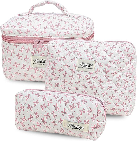 kingkiss Makeup Bag, Quilted Cosmetic Bag, Large Capacity Make Up Bag for Women, Cute Floral Storage Toiletry Bag Travel Storage Makeup Bag(Pink#3)