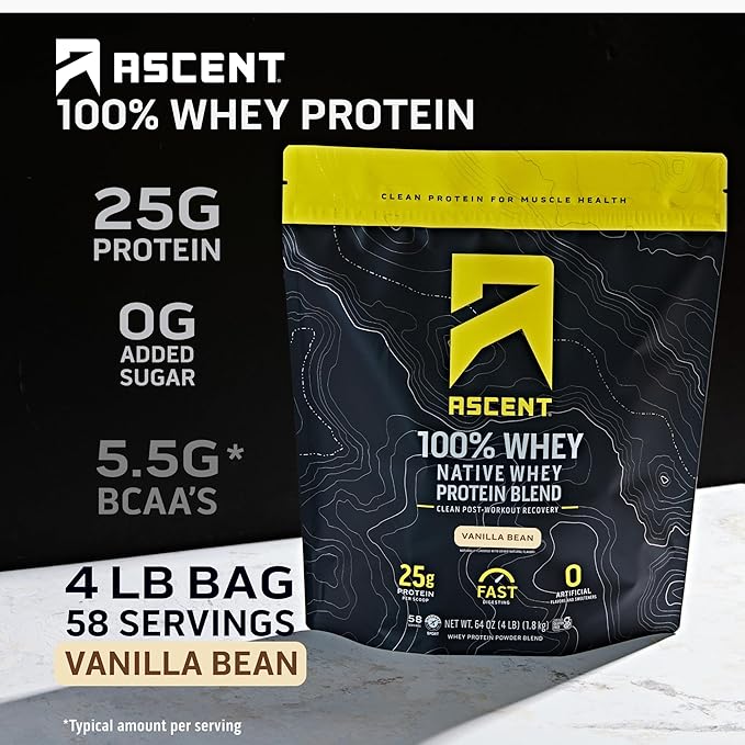 Ascent 100% Whey Protein Powder - Post Workout Whey Protein Isolate, Zero Artificial Flavors & Sweeteners, Gluten Free, 5.5g BCAA, 2.6g Leucine, Essential Amino Acids, Vanilla Bean 4 lb